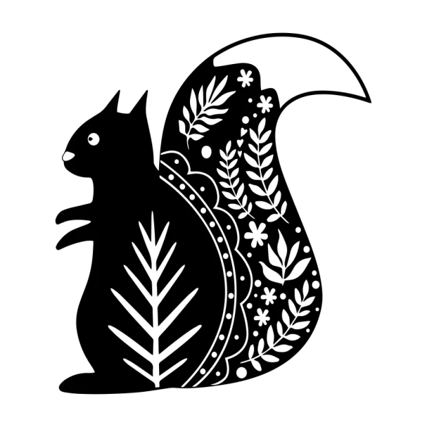 Children\'s wall sticker squirrel 2493 - Graphic design with a bushy-tailed squirrel adorned with leaves and flowers.