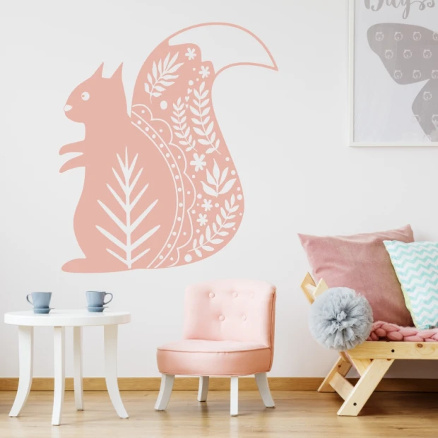 Squirrel wall sticker for kids 2493 - Brightly colored walls and pastel furniture in a children\'s room setting.