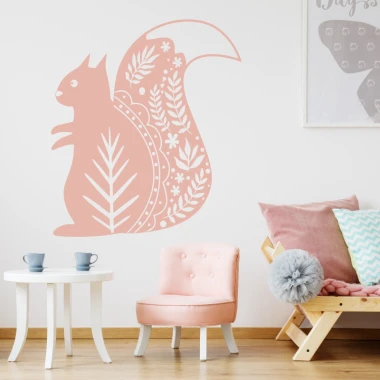 Squirrel wall sticker for kids 2493 - Brightly colored walls and pastel furniture in a children\'s room setting.