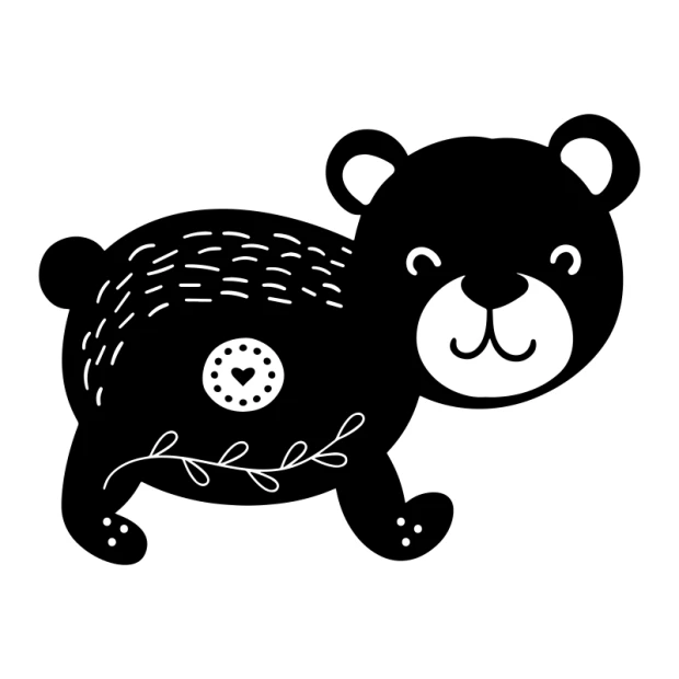 Wall sticker bear 2494 - Black bear with white details, heart on its belly, and leaves.