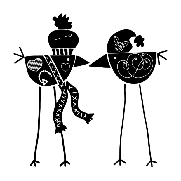 Scandinavian wall sticker 2488 - Graphic design featuring two long-legged birds, one with a scarf and the other with a hat.