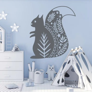 Squirrel wall stencil for kids 2493 - Brightly colored walls and white furniture in a children\'s room setting.