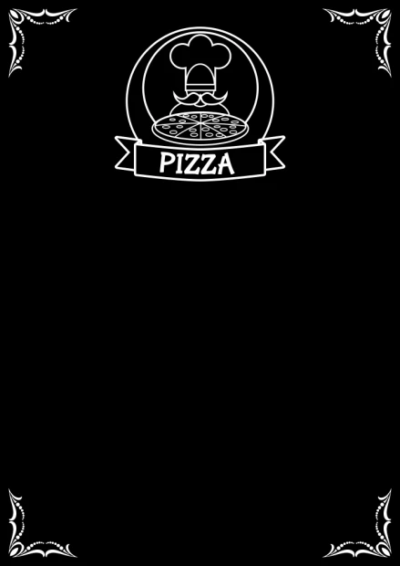 Chalkboard with pizza print 084 - Features a chef and pizza in a circle on a black background, with the word PIZZA.