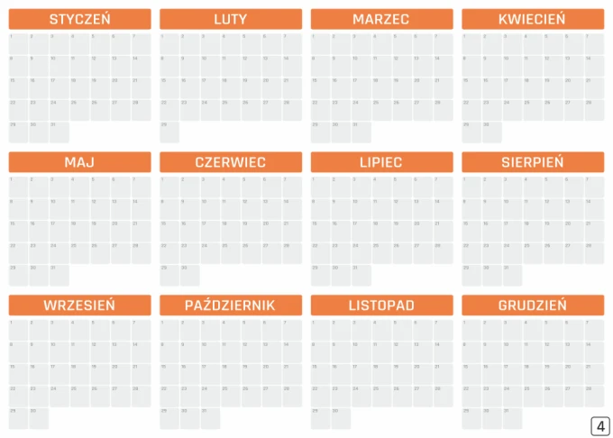 Magnetic dry-erase board, universal yearly calendar 459 - graphic design. Simple monthly layout in grid format.