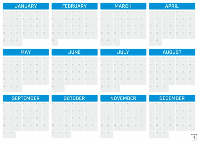 Magnetic dry-erase board, annual calendar, universal English design, with rectangular fields for names.