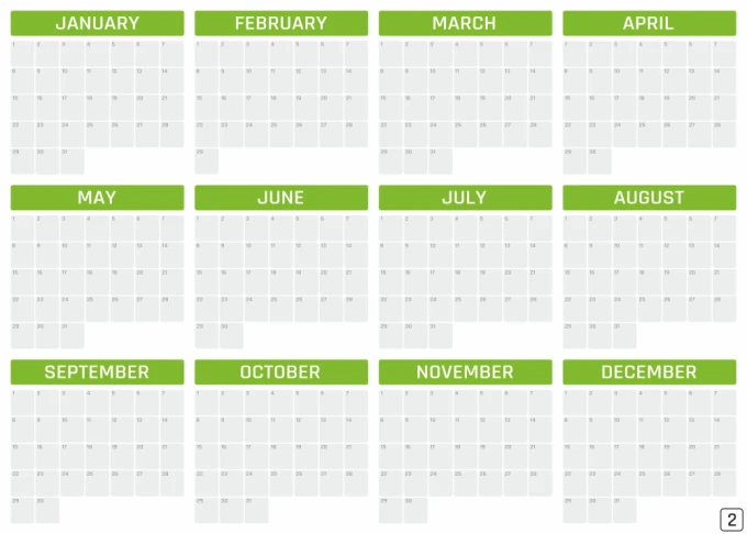 Magnetic dry-erase board with a universal yearly calendar design and monthly grid.