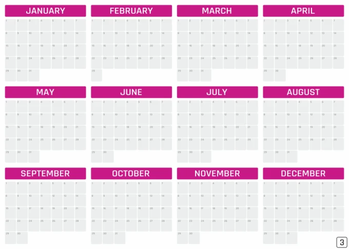 Magnetic dry-erase board, universal yearly calendar in English, features a simple monthly layout and graphic design.