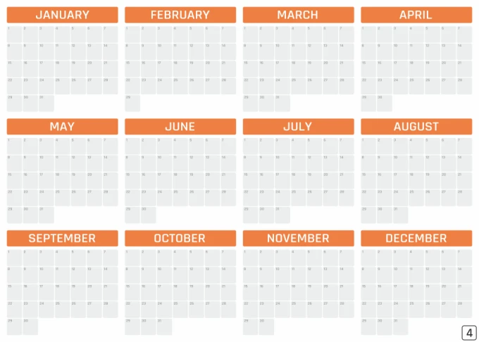 Magnetic whiteboard annual calendar, universal English design 460 - Simple grid with names.