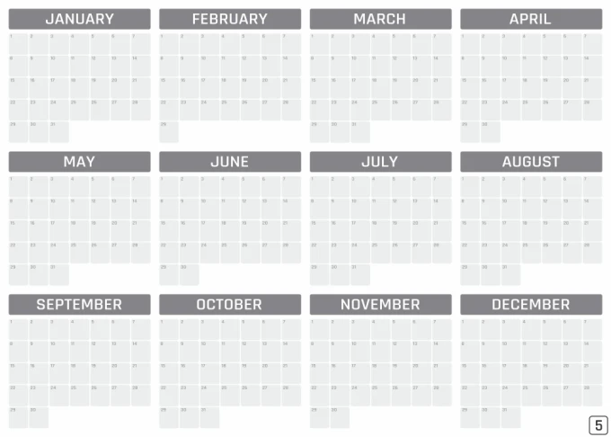 Magnetic dry-erase board, universal annual calendar in English, featuring a simple layout with names.
