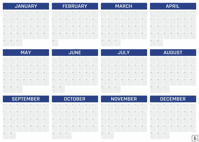 Magnetic dry-erase board, universal yearly calendar, English design, featuring a simple monthly layout.