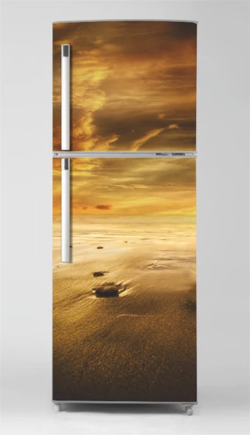 Fridge wrap sticker seaside P1104 - Graphic design featuring a sandy beach and waves under a golden sky.