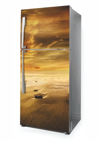 Refrigerator wrap sticker seaside P1104 - Graphic design featuring a sandy beach and waves under a golden sky.