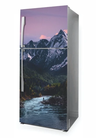 Fridge wrap sticker with a mountain river design P1105 - Kitchen decor with green and brown wall shades.