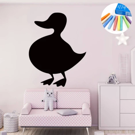 Chalkboard sticker for kids featuring a duck - perfect for a child\'s room with light walls and pastel furniture.