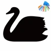 Chalk sticker for kids, swan design. Black swan with clear outline and colorful crayons in the corner.