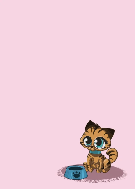 Dry-erase board for kids featuring a cat with big eyes next to a bowl on a pink background.