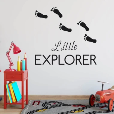 Little Explorer wall sticker 2506 - Decor for a child\'s room with light-colored walls and bold furniture.