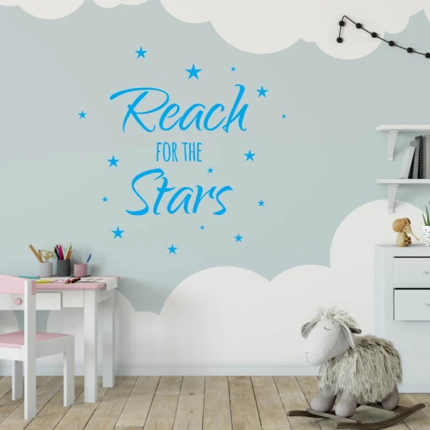 Wall sticker "Reach for the stars" 2505 - Decor for a child\'s room with light-colored walls and clouds.
