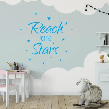 Wall sticker "Reach for the stars" 2505 - Decor for a child\'s room with light-colored walls and clouds.