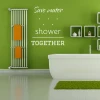 Wall sticker Save Water Shower Together 2508 - Bathroom decor. Green walls, white shower base, gray shelves.