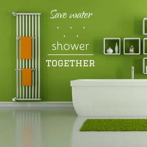 Wall sticker Save Water Shower Together 2508 - Bathroom decor. Green walls, white shower base, gray shelves.