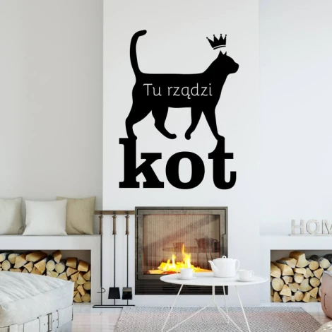Wall sticker "Here rules the cat" 2511 - Living room decor. Light-colored walls, minimalist furniture.