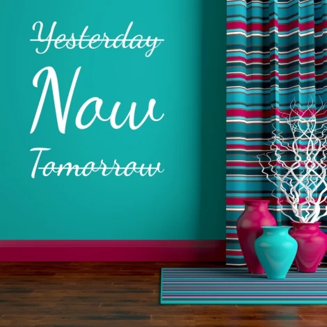 Wall sticker Yesterday now tomorrow 2516 - Room decor. Turquoise wall, striped curtains, wooden elements.