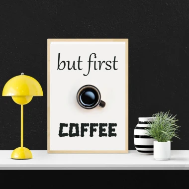 Poster "But First Coffee 229" - Kitchen decor with dark walls, minimalist furniture, and accessories.