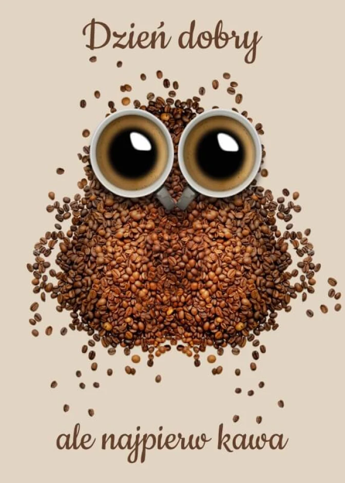 Good morning, but first coffee poster 227 - Graphic design featuring coffee and beans in a shape with large eyes.
