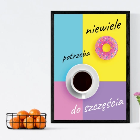 Poster "Not Much is Needed for Happiness 231" - Colorful background in four sections with text and design elements.