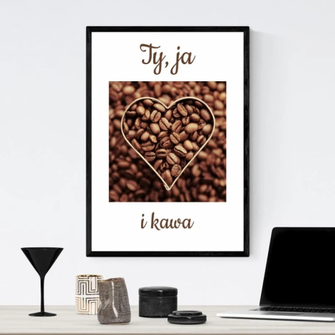 Poster You, Me, and Coffee 228 - Graphic design. Coffee bean heart on a brown background with text at the top and bottom.
