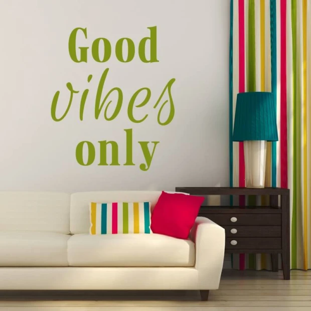 Good vibes only painting template 2510 - Living room setup with light walls, light sofa, and colorful accents.