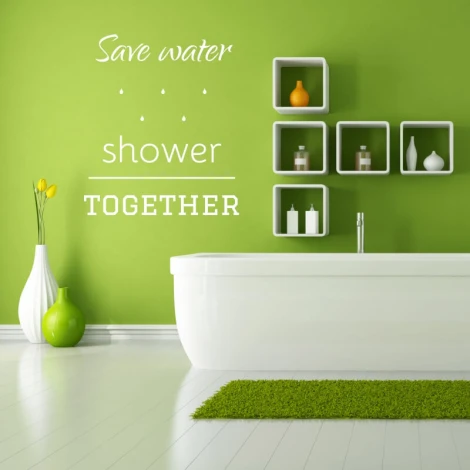 Save water shower together 2508 painting template - Bathroom design with green wall, white furniture, and accessories.