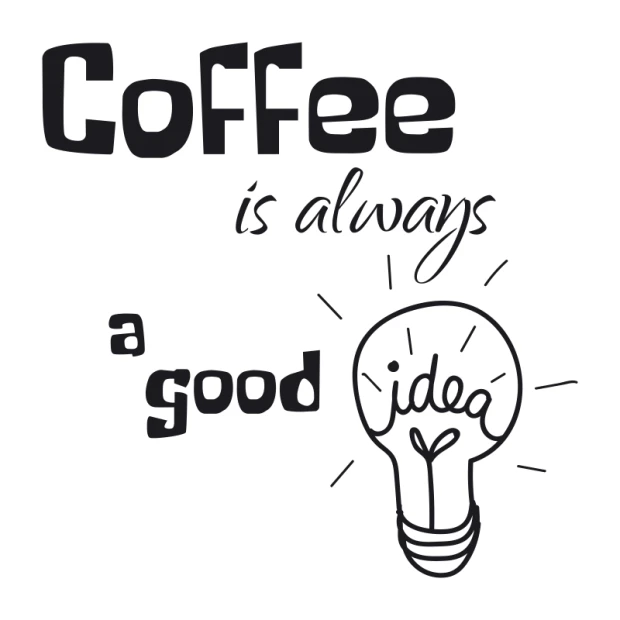 Wall template "Coffee is always a good idea 2514" - Graphic design with text in various styles and a light bulb with rays.
