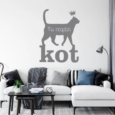 Wall template "Here rules the cat" 2511 - Living room decor with light walls, minimalist furniture, and accessories.