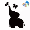 Chalk sticker for kids featuring an elephant with an upturned trunk and two butterflies in flight.