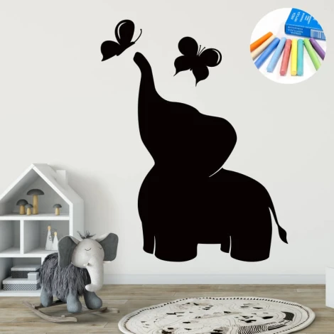 Chalk sticker for kids featuring an elephant and butterflies, perfect for bright children\'s room decor.