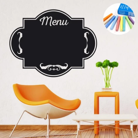Chalkboard menu sticker 384 - Styled in a room with light walls, an orange chair, and a table with a plant.