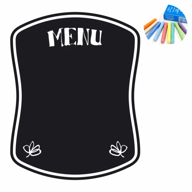 Chalkboard menu sticker 386 - Simple design with MENU text and two floral motifs in the bottom corners.