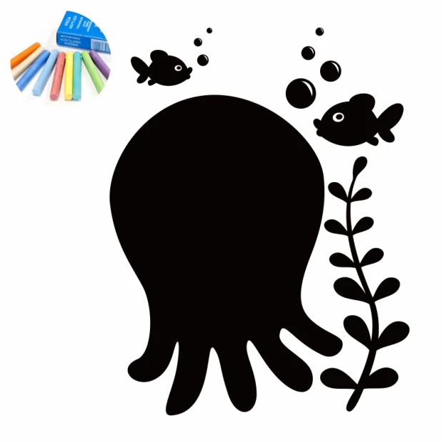 Chalk sticker octopus 381 - Black octopus with fish and bubbles, greenery on the left side.