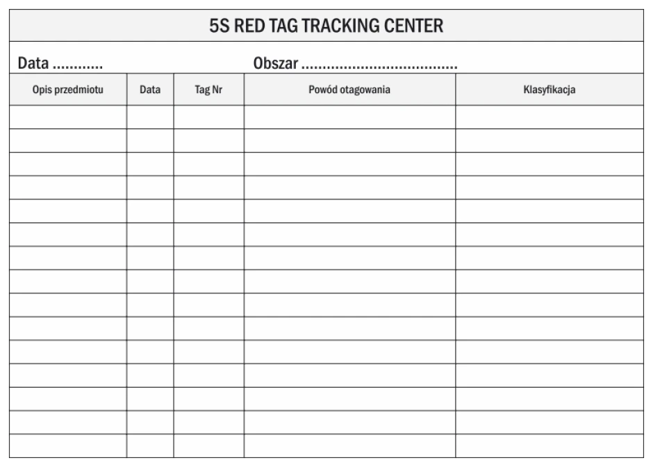 5s Red Tag Tracking Center whiteboard Lean 129 - Graphic design. Simple grid with fields for data entry.