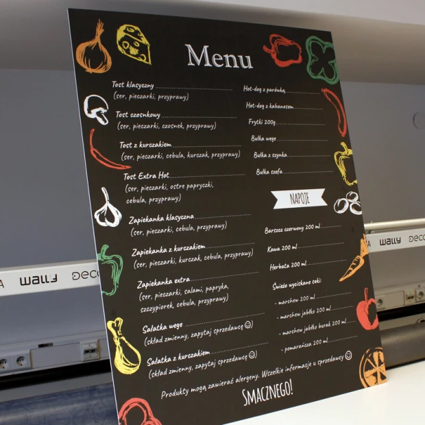 Personalized chalkboard with a PVC backing, 5mm thick, size 88x115cm - Graphic design on a black background.