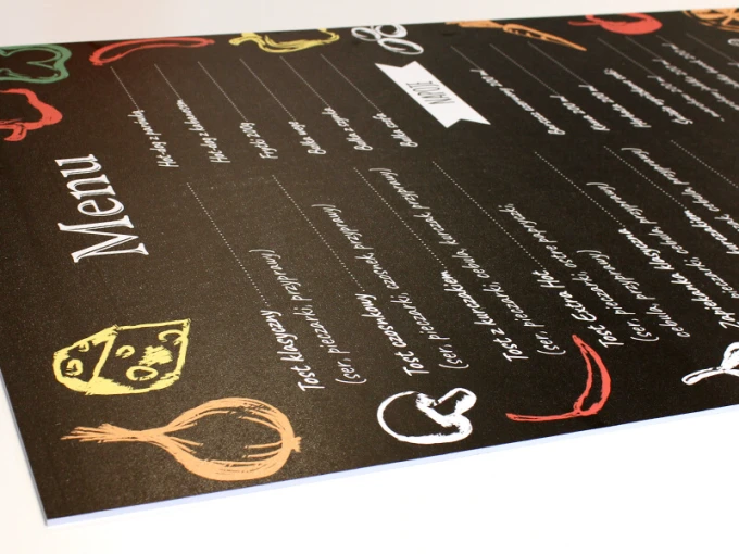 Personalized chalkboard with PVC backing, 5mm thick, 88x115cm - Graphic design on a black background.