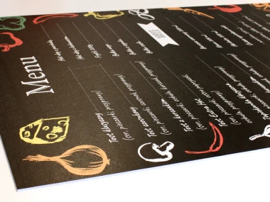 Personalized chalkboard with PVC backing, 5mm thick, 88x115cm - Graphic design on a black background.