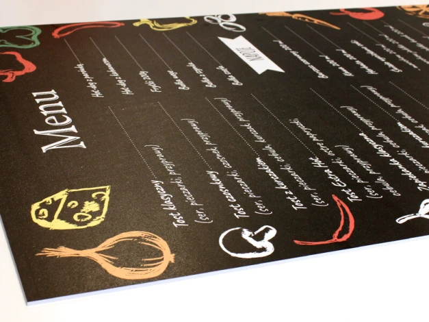 Personalized chalkboard with PVC backing, 5mm thick, 88x115cm - Graphic design on a black background.