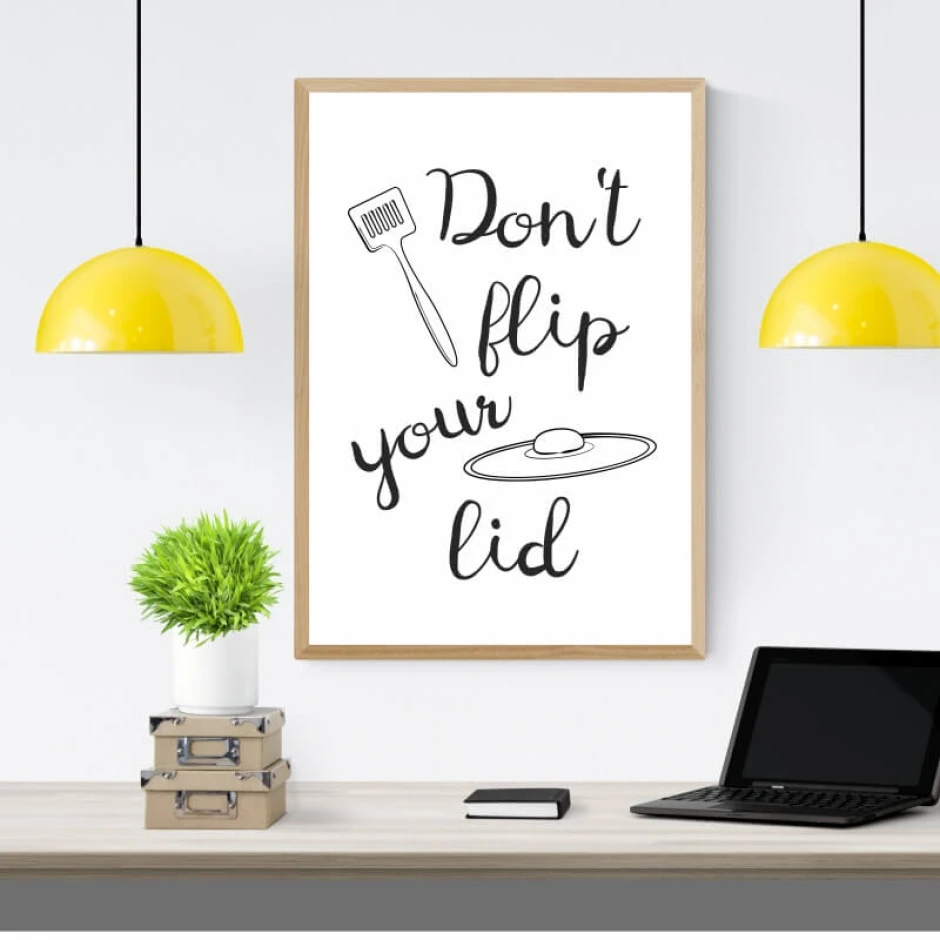 Poster Don\'t Flip Your Lid 238 - Graphic design featuring black text and an illustration of a fork and plate.