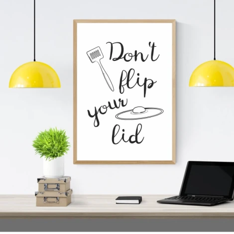 Poster Don\'t Flip Your Lid 238 - Graphic design featuring black text and an illustration of a fork and plate.