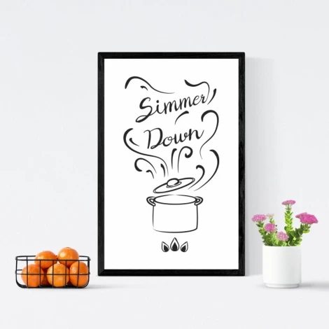 Simmer Down 234 poster - Graphic design featuring a black pot with steam and the text Simmer Down on a white background.