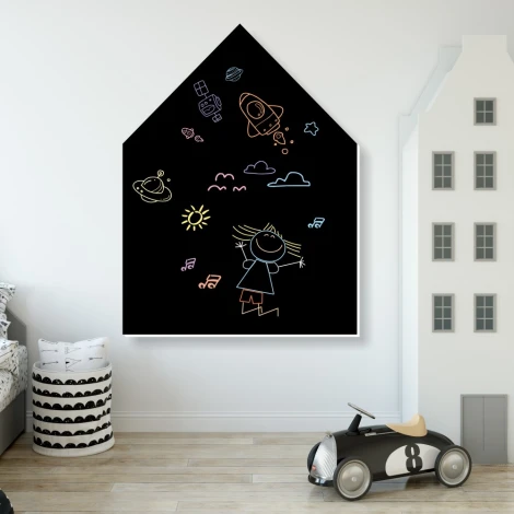Chalkboard for kids in a house shape, styled in a bright children\'s room with wooden flooring.