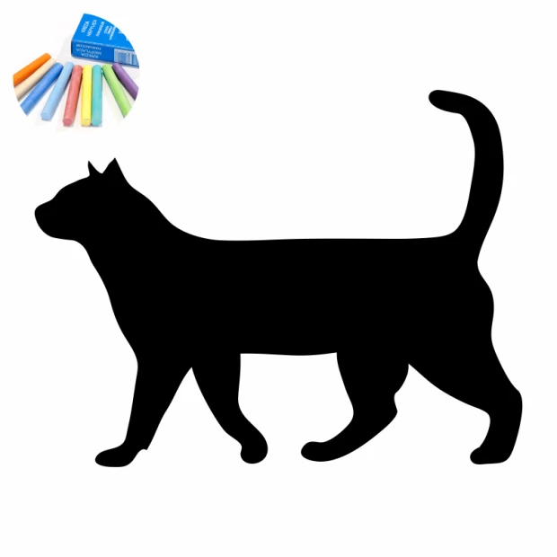 Chalk sticker for kids featuring a black silhouette of a cat in motion on a white background.